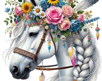 Puede incluir: Ilustración de un caballo blanco adornado con una corona floral de girasoles, rosas y margaritas. El caballo tiene una melena trenzada y está decorado con plumas y una brida de cuero marrón. Tema bohemio.