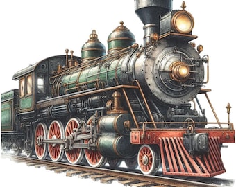 Puede incluir: Ilustración de un tren de vapor antiguo. El tren presenta un cuerpo verde oscuro y gris con ruedas y detalles en rojo. El tren está sobre una vía y tiene una gran chimenea y faro.