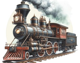 Puede incluir: Ilustración en acuarela de un tren de vapor antiguo. El tren negro tiene detalles dorados y rojos, una chimenea prominente y una parrilla delantera detallada. El humo sale de la chimenea y el tren está sobre una vía férrea.