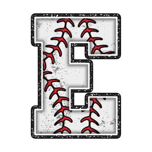 May include: A white letter "E" with red baseball stitching and a distressed texture. The letter is outlined in black with a speckled border, resembling a baseball. Ideal for sports-themed designs.