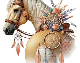 May include: A digital illustration of a horse with a cream-colored coat and flowing white mane. The horse is adorned with a brown bridle, saddle, and decorative dream catchers with feathers. Floral accents in peach, lavender, and blue add a bohemian touch.