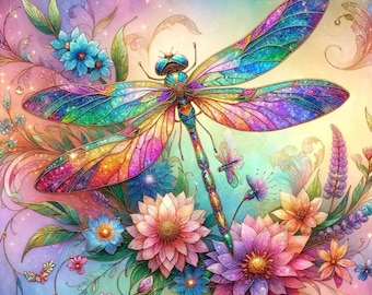 Stained Glass Dragonfly Florals Fabric Panel 1