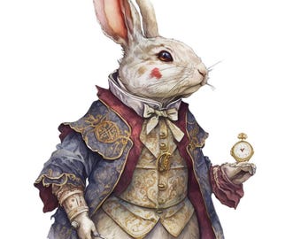 May include: Watercolor illustration of a white rabbit dressed in a blue and red ornate jacket, holding a gold pocket watch. The rabbit has a red mark on its cheek and is wearing a white bow tie. The image has a whimsical, storybook feel.