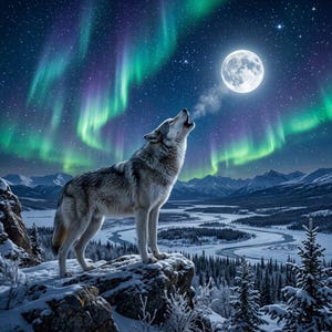 May include: A gray and white wolf stands on a snow-covered rocky cliff, howling toward a bright full moon. The night sky features vibrant green and purple aurora borealis lights above a vast, frozen mountain landscape with a winding river below.