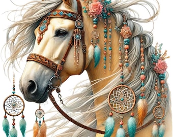 Puede incluir: Ilustración digital de la cabeza de un caballo adornada con decoraciones de estilo bohemio. El caballo tiene un pelaje color crema y una melena blanca y fluida. La brida y las decoraciones incluyen detalles turquesa, naranja y rosa, con atrapasueños y plumas.