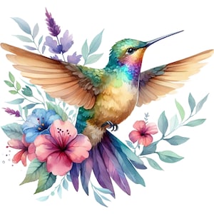 May include: Watercolor illustration of a hummingbird with outstretched wings, surrounded by flowers and foliage. The bird features iridescent green, blue, and purple feathers, with a long beak. Pink, blue, and red flowers and green leaves complete the design.