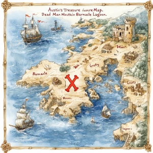 May include: Watercolor treasure map titled "Austin's Treasure Map. Dead Man Moutain Barnacle Lagoon." The map depicts an island with landmarks, ships, and a large red "X" marking a treasure location. The map is framed with a decorative border.
