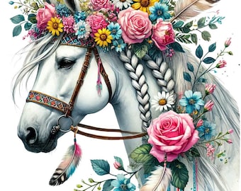 May include: A white horse head adorned with a floral crown of pink roses, yellow daisies, and blue flowers. The horse has braided hair and is wearing a decorative bridle with feathers. The image has a watercolor style.