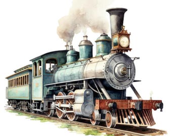 Puede incluir: Ilustración en acuarela de un tren de vapor antiguo. El tren presenta una locomotora verde azulado y plateada con una chimenea alta, un faro y un vagón de pasajeros. El tren está sobre una vía con hierba verde y humo blanco.