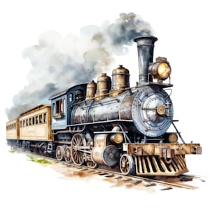 May include: Watercolor illustration of a vintage steam train. The train features a black and silver engine with gold accents, a yellow passenger car, and billowing gray smoke. The train is depicted on a set of tracks.