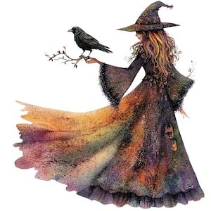 May include: Watercolor illustration of a witch in a long, flowing dress with a raven perched on her hand. The witch wears a tall, pointed hat and has long, flowing red hair. The dress transitions from purple to orange and yellow.
