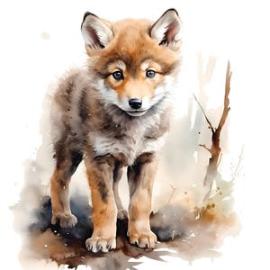 May include: Watercolor illustration of a young coyote with brown and tan fur, standing and looking forward. The artwork has a soft, painterly style with a white background and subtle earthy tones.