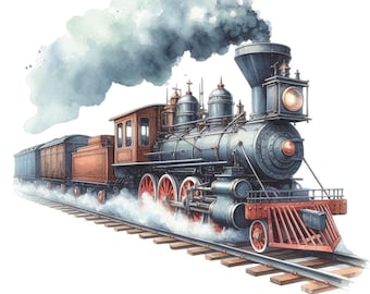 May include: Watercolor illustration of a vintage steam train with a dark blue engine, red wheels, and brown passenger cars. The train is depicted on a track, with a large plume of gray smoke billowing from the smokestack.