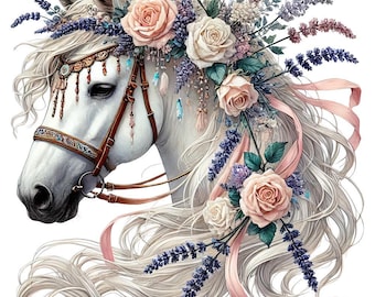 May include: A white horse head illustration adorned with a floral crown of pink and white roses, lavender, and greenery. The horse wears a brown bridle with decorative accents and flowing white mane and pink ribbons.
