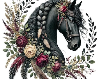 May include: A digital illustration of a black horse's head adorned with a floral arrangement. The horse has a braided mane with feathers and a decorative headpiece. The flowers are burgundy, cream, and pink, surrounded by green foliage.