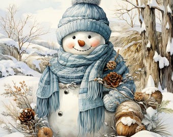 May include: A watercolor illustration of a snowman in a winter landscape. The snowman wears a blue hat and scarf, with a carrot nose and coal eyes. Pinecones and snow surround the snowman, creating a festive winter scene.
