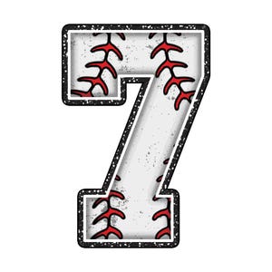 May include: A number seven graphic in a baseball theme. The number is white with red stitching, a black border, and a distressed texture. The design is isolated on a white background.