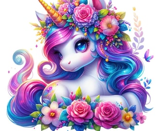 May include: A whimsical illustration of a white unicorn with a golden horn, adorned with a floral crown of pink, purple, and blue flowers. The unicorn has flowing, colorful hair in shades of pink, purple, and blue, and is surrounded by more flowers and butterflies.