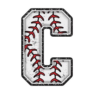 May include: A stylized letter "C" in a baseball theme. The letter is white with red stitching, a distressed texture, and a black border. The design evokes a sports or team spirit.