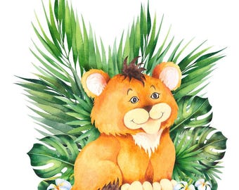 May include: Watercolor illustration of a cartoon lion cub with a friendly expression, set against a backdrop of lush green tropical leaves and white flowers. The lion is a warm orange color with a brown mane.