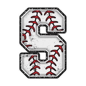May include: A distressed white letter "S" with a baseball design. The letter has a black outline and red stitching details, resembling a baseball. The design is suitable for sports-themed products.
