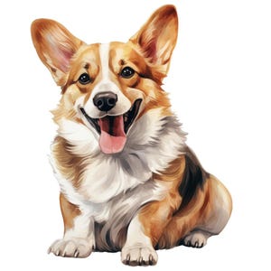 May include: A watercolor illustration of a Pembroke Welsh Corgi dog. The dog is sitting with its mouth open, tongue out, and appears to be smiling. The dog has a tri-color coat of brown, white, and black, with large, upright ears.