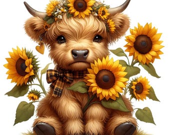 May include: A fluffy brown Highland cow calf with a sunflower crown and a plaid scarf. The calf is surrounded by bright yellow sunflowers with brown centers and green leaves. A heart-shaped earring hangs from one ear.