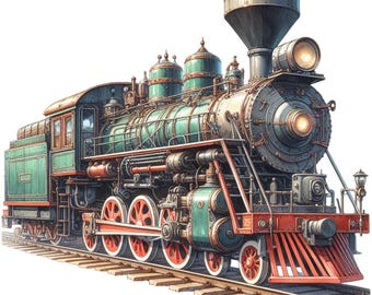 Puede incluir: Ilustración de un tren de vapor antiguo. El tren presenta un cuerpo verde y gris con detalles rojos en las ruedas y la parte delantera. El tren está sobre una vía, con un fondo blanco.