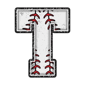 May include: A capital letter "T" in a baseball theme. The letter is white with red stitching, a black border, and a distressed texture. The design resembles a baseball.