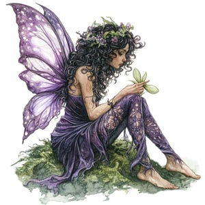 May include: A watercolor illustration of a fairy with dark curly hair adorned with small purple flowers. The figure has large translucent purple butterfly wings, wears a tattered purple dress, and holds a small green leaf while sitting.
