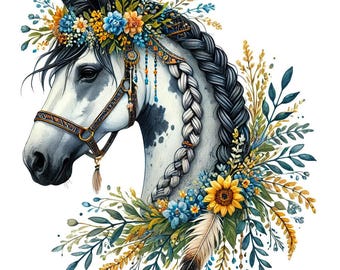 Może przedstawiać: Cyfrowa ilustracja głowy konia ozdobiona kwiatową koroną i zaplecioną grzywą. Koń ma białą sierść z szarymi plamami i jest ozdobiony słonecznikami, niebieskimi kwiatami i piórami. Ogłowie jest brązowe.