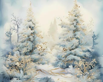 May include: Watercolor painting of a winter forest scene. Two snow-covered evergreen trees dominate the foreground, with delicate gold accents. The background features a soft, blurred landscape in shades of blue and white, evoking a serene, cold atmosphere.