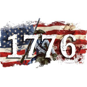 May include: Illustration featuring a colonial soldier with a rifle, set against a backdrop of the American flag. The year "1776" is prominently displayed in white, with a distressed, grunge-style effect. The design incorporates red, white, and blue colors.