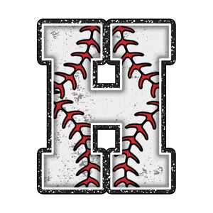 May include: A baseball-themed letter "H" design. The letter is white with a distressed texture, featuring red stitching details. The outline is black with a speckled pattern, creating a sporty aesthetic.
