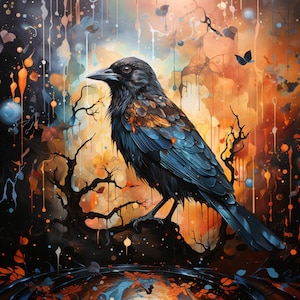 May include: A digital painting of a crow perched on a branch. The bird has black feathers with blue and brown accents. The background features a blend of orange, yellow, and blue hues with abstract drips and shapes, creating a vibrant, artistic composition.