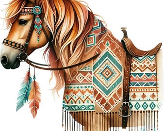 May include: Watercolor illustration of a horse with a brown and tan coat, adorned with a decorative saddle blanket featuring geometric patterns in teal, orange, and brown. The horse wears a bridle with turquoise and orange feathers.