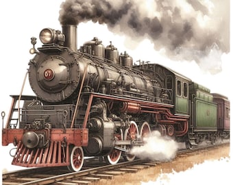 Puede incluir: Ilustración en acuarela de un tren de vapor antiguo. El tren es principalmente negro con detalles en rojo y blanco, emitiendo humo oscuro. El tren está sobre una vía con un fondo marrón y beige.