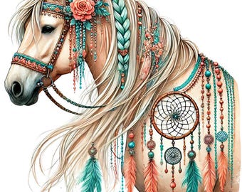 May include: An illustration of a horse adorned with bohemian-style decorations. The horse features a cream-colored coat and flowing white mane. It is decorated with turquoise, coral, and peach-colored feathers, beads, and a dreamcatcher.