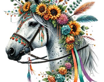 Puede incluir: Ilustración en acuarela de la cabeza de un caballo blanco adornada con una corona floral de girasoles, rosas y plumas. El caballo lleva una brida decorativa con cuentas y cintas de colores, creando una estética bohemia.