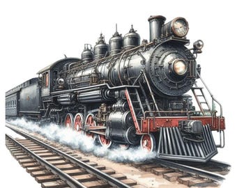 Puede incluir: Ilustración en acuarela de un tren de vapor negro vintage con detalles rojos y humo blanco. El tren está sobre una vía marrón, evocando nostalgia y el viaje.