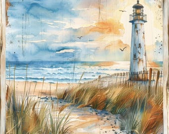 Puede incluir: Pintura a la acuarela de una escena costera con un faro blanco en una playa de arena. La obra de arte incluye una valla de madera, hierbas altas y un camino que conduce al océano bajo un cielo nublado con pájaros en vuelo. La pintura está enmarcada en un marco de madera rústico.