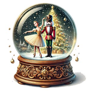 May include: A decorative snow globe featuring a ballerina and a nutcracker figure. The figures stand in front of a Christmas tree inside the glass globe. The base is ornate and gold-toned, with a wintery scene.
