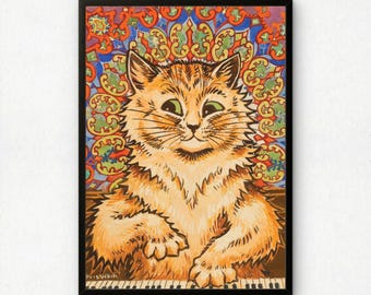 May include: A framed print featuring a ginger cat with green eyes playing a piano. The cat has fluffy fur and is positioned in front of a colorful, intricate, kaleidoscopic background with orange, blue, and green patterns. The artist signature is visible.