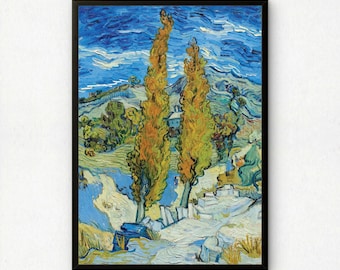 May include: A framed art print featuring a landscape painting with two tall, golden-yellow cypress trees in the foreground. The background displays rolling hills, a small building, and a swirling, textured sky painted in shades of blue and white.
