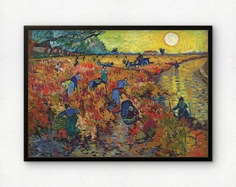 May include: A framed art print of a painting depicting a vineyard scene with figures harvesting grapes. The landscape features vibrant red and orange foliage, a winding stream reflecting a bright yellow sun, and a dark blue sky in a black frame.