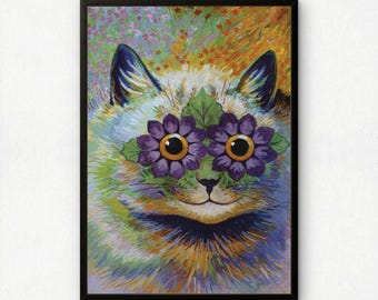 ルイス・ウェイン：紫の花を瞳に持つサイケデリックな猫｜ジクレーファインアートポスター