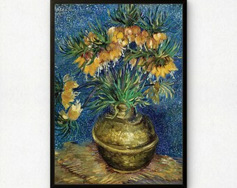 May include: A framed oil painting depicting a bouquet of yellow crown imperial flowers in a rounded, textured bronze-colored vase. The flowers feature green foliage and are set against a dark blue, stippled background with a textured surface below.