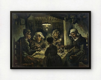 May include: A framed oil painting depicting five figures seated around a wooden table in a dimly lit room. A hanging lamp illuminates the group as they share a meal from a central dish. The figures wear dark clothing and head coverings.