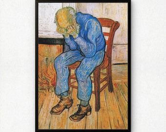 May include: A framed art print depicting a person with a yellow head sitting on a wooden chair, wearing a blue shirt and blue trousers, with their hands covering their face. The scene features a light-colored floor and a dark, textured background.