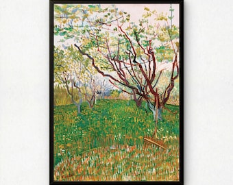 May include: A framed art print featuring an impressionist painting of an orchard in bloom. The scene depicts trees with dark brown branches and light green foliage set against a vibrant green meadow filled with small yellow and white flowers.